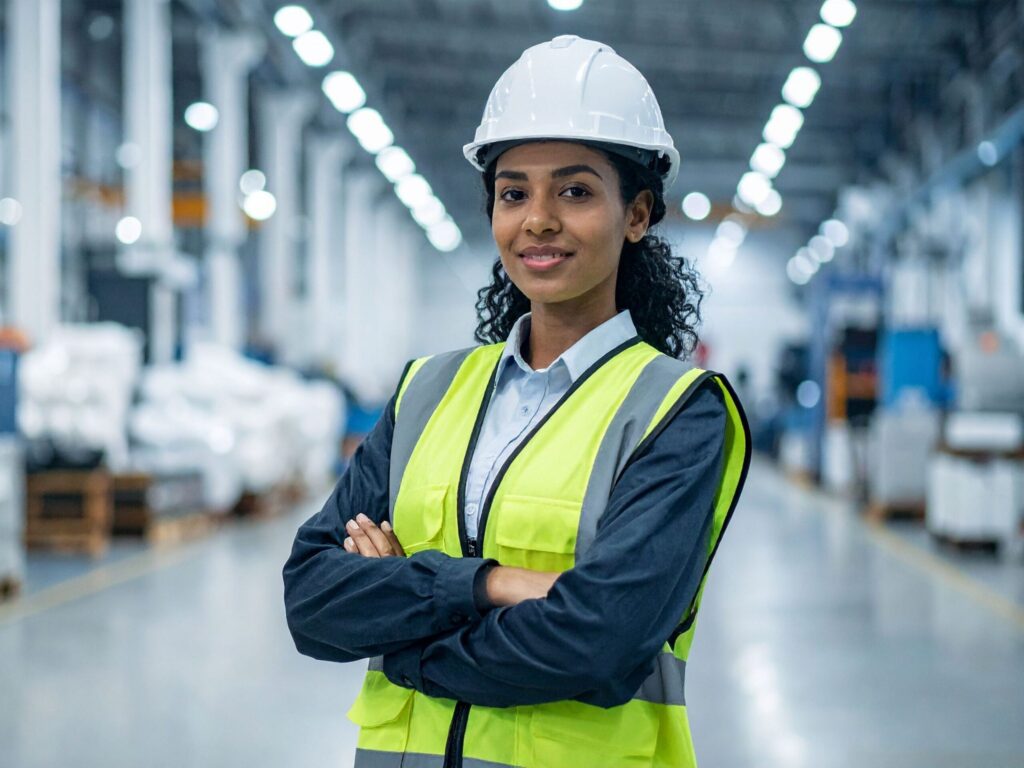 Confident early career engineer standing on a factory floor wearing safety gear.