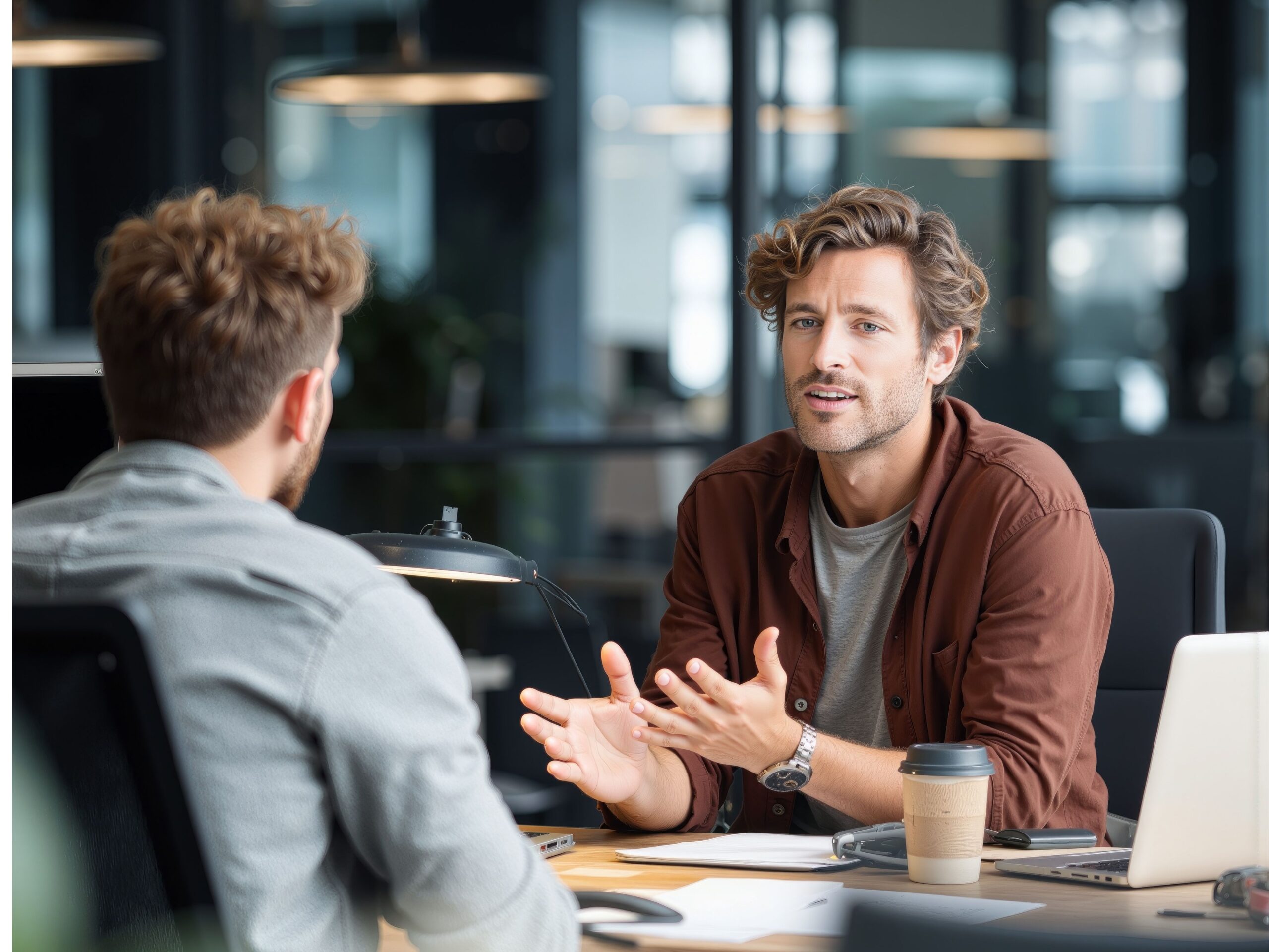 Early career engineer receiving feedback from a manager during a one-on-one meeting.