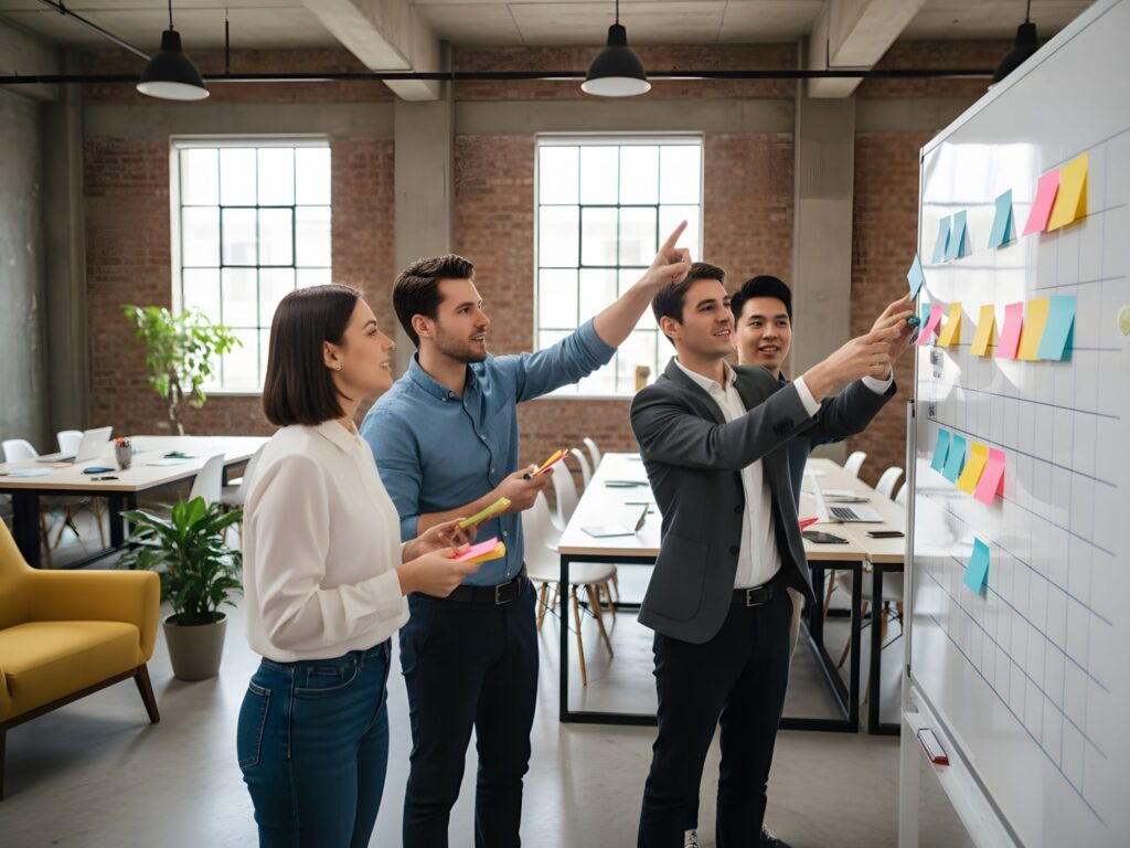 Engineering team brainstorming ideas on a whiteboard filled with notes and diagrams.