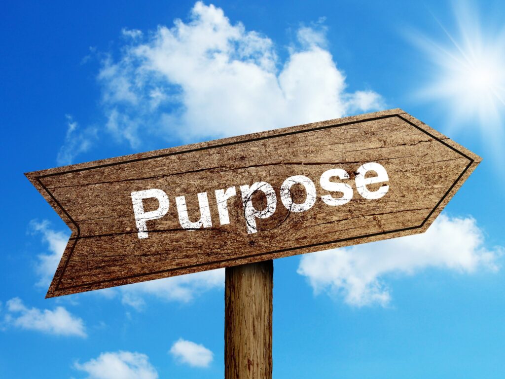 Wooden sign with the word “Purpose” pointing toward the sky