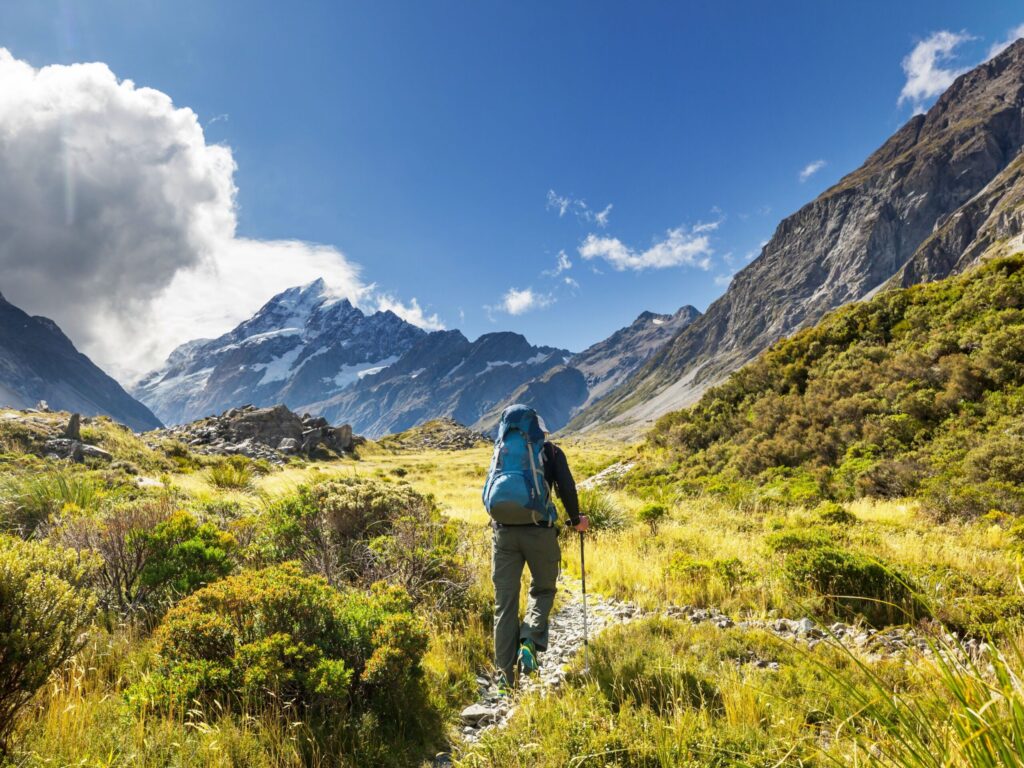 Person hiking alone on a quiet trail surrounded by nature.